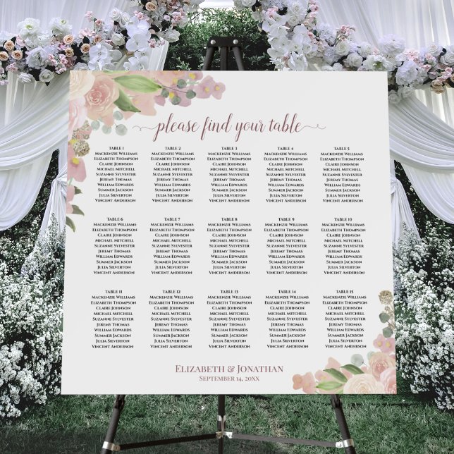 15 Table Pink Boho Floral Wedding Seating Chart Foam Board (In Situ on Stand with Flowers)