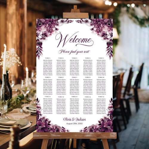 15 Table Plum Pink Floral Wedding Seating Chart Foam Board