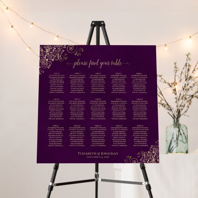 15 Table Plum Purple & Gold Wedding Seating Chart Foam Board (In Situ (Stand))