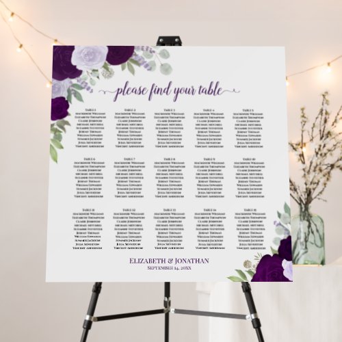 15 Table Purple Boho Floral Wedding Seating Chart Foam Board