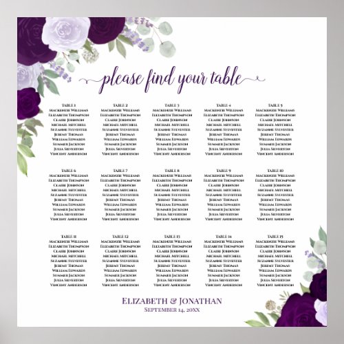 15 Table Purple Roses Chic Wedding Seating Chart