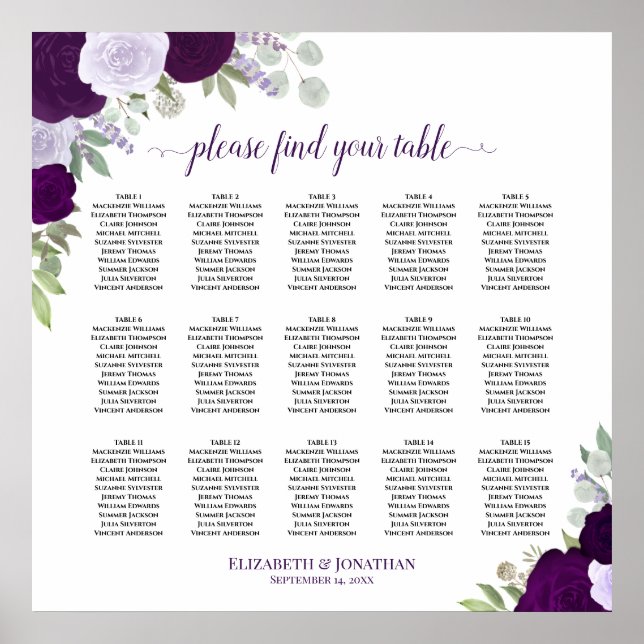 15 Table Purple Roses Chic Wedding Seating Chart (Front)