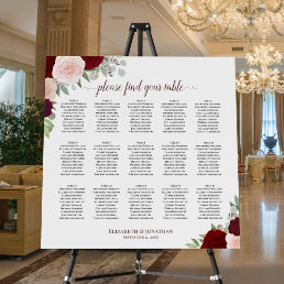 15 Table Red &amp; Blush Floral Wedding Seating Chart Foam Board