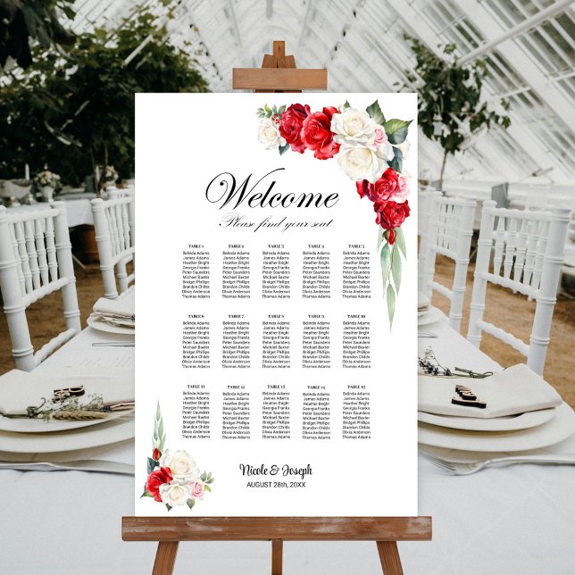 15 Table Red White Rose Floral Seating Chart (Creator Uploaded)