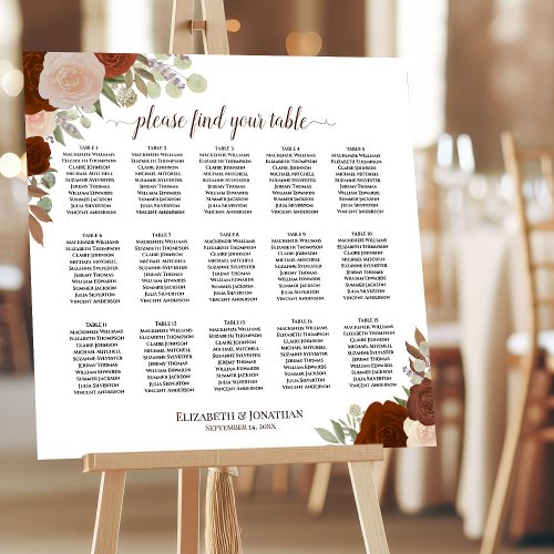 15 Table Rust Boho Floral Wedding Seating Chart Foam Board
