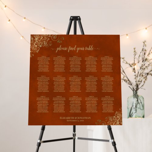 15 Table Rust Orange  Gold Wedding Seating Chart Foam Board