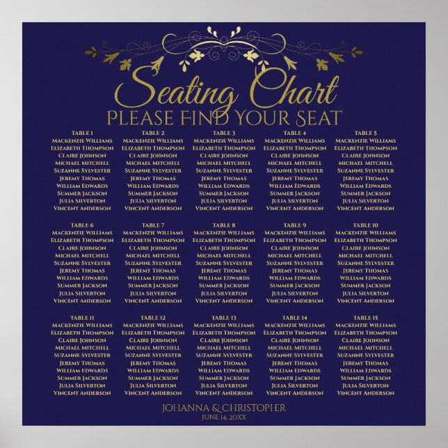 15 Table Simple Gold & Navy Wedding Seating Chart (Front)