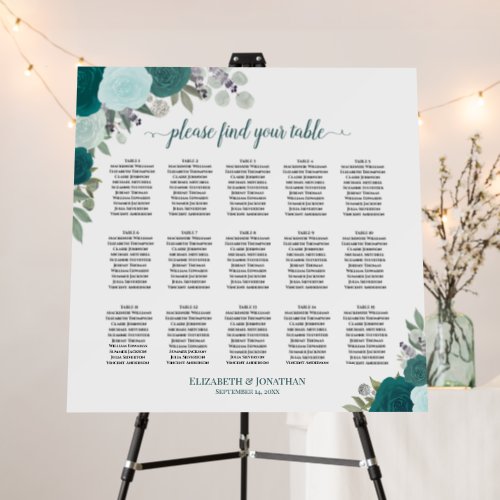 15 Table Teal Boho Floral Wedding Seating Chart Foam Board