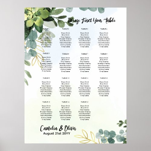 15 Table Wedding Seating Chart Greenery Eucalyptus