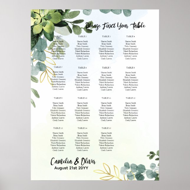 15 Table Wedding Seating Chart Greenery Eucalyptus (Front)