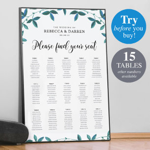 15 Table Wedding Seating Chart with Green Foliage