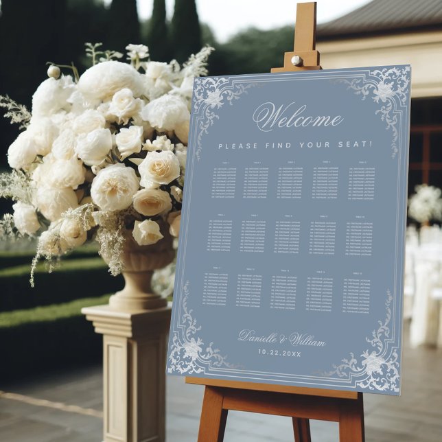 15 Tables Dusty Blue Elegant Wedding Seating Chart Foam Board (Creator Uploaded)