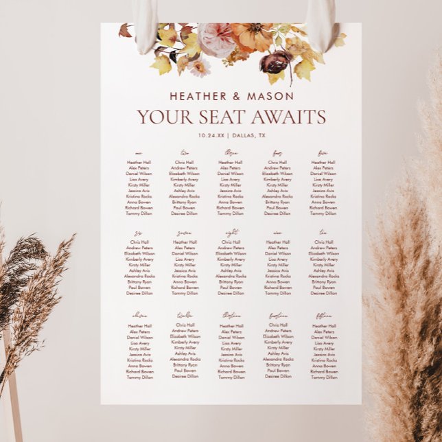 15 Tables Fall Floral Burgundy Seating Chart Foam Board (Creator Uploaded)