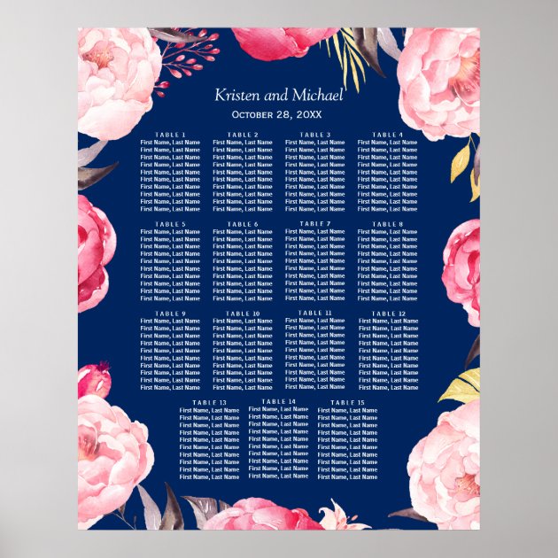 15 Tables Pink Floral Wreath Wedding Seating Chart