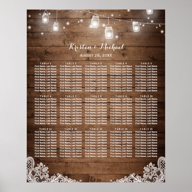 15 Tables Rustic String Lights Seating Chart Poster