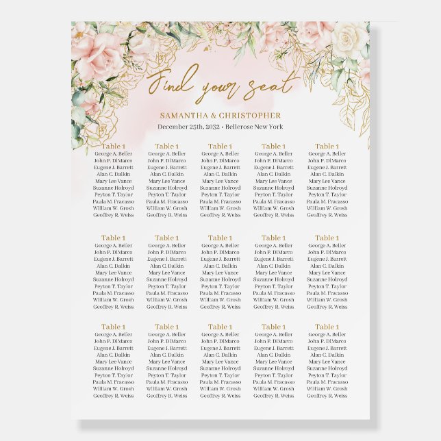 15 tables Seating chart with light pink roses Foam Board (Front)
