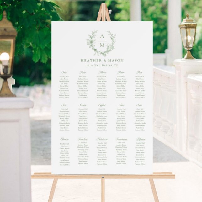 15 Tables Toile Floral Green Wedding Seating Plan Foam Board (Creator Uploaded)