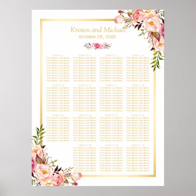 15 Tables Wedding Seating Chart Classy Chic Floral