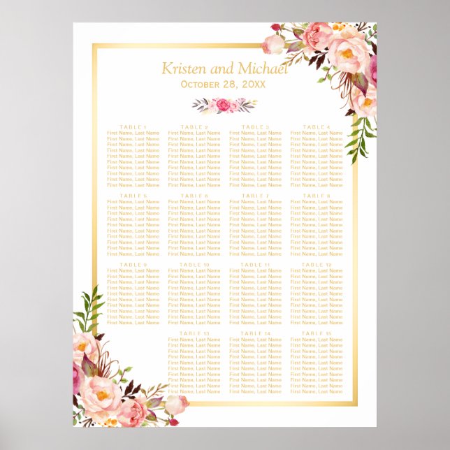 15 Tables Wedding Seating Chart Classy Chic Floral (Front)