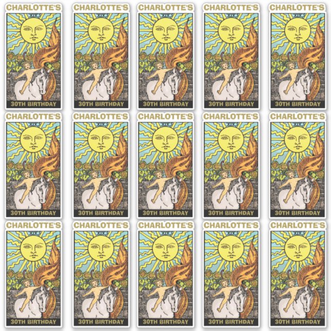 15 x 30th Birthday Sun Tarot Card Name & Photo Sticker (Front)
