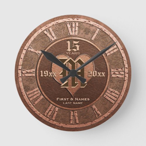  15 Year Vintage Copper Look Wedding Anniversary   Round Clock