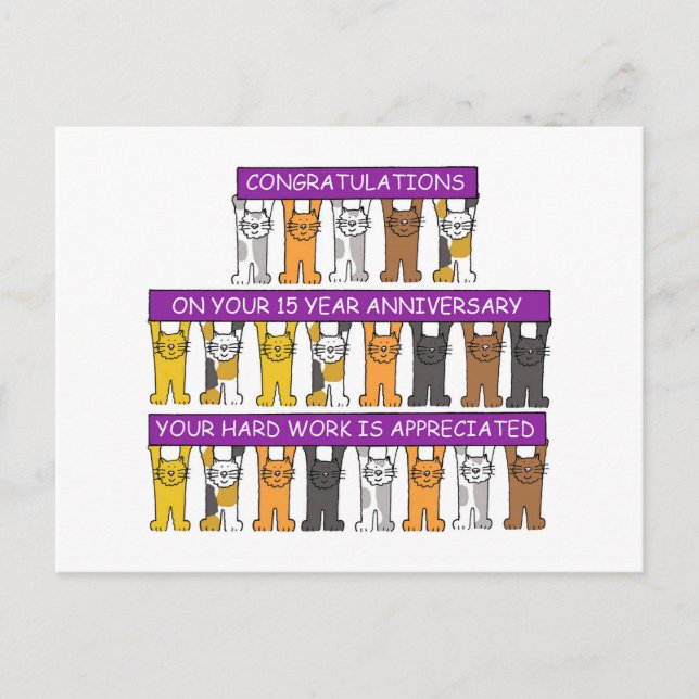 15 Year Work Anniversary Congratulations Cute Cats Postcard (Front)