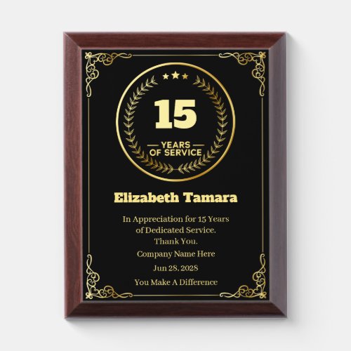 15 Year Work Anniversary  Employee Appreciation Award Plaque