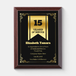 15 Year Work Anniversary Employee Appreciation Award Plaque
