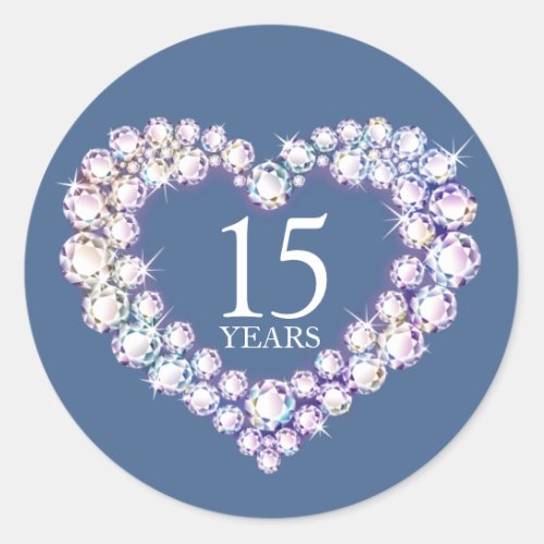 15 years crystal anniversary heart blue classic round sticker