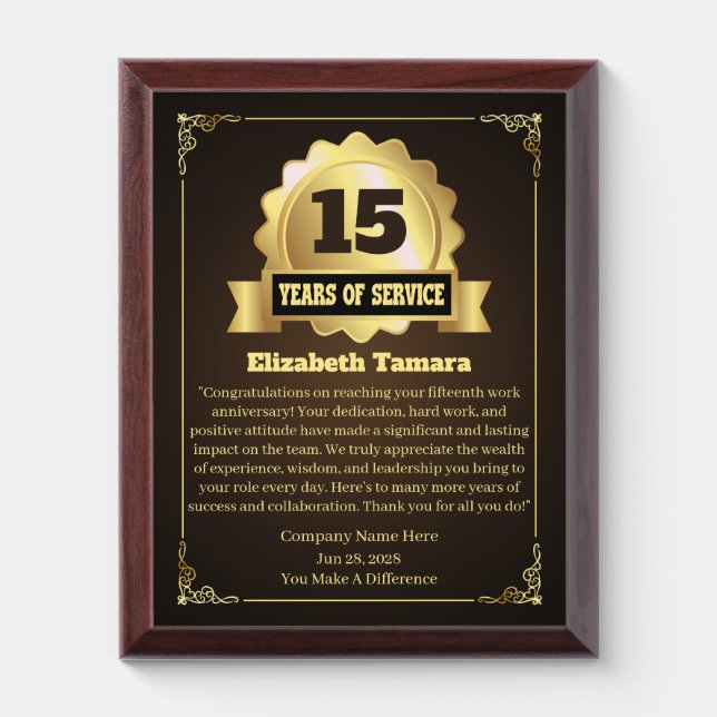 15 years employee anniversary Appreciation Message Award Plaque (Vertical)