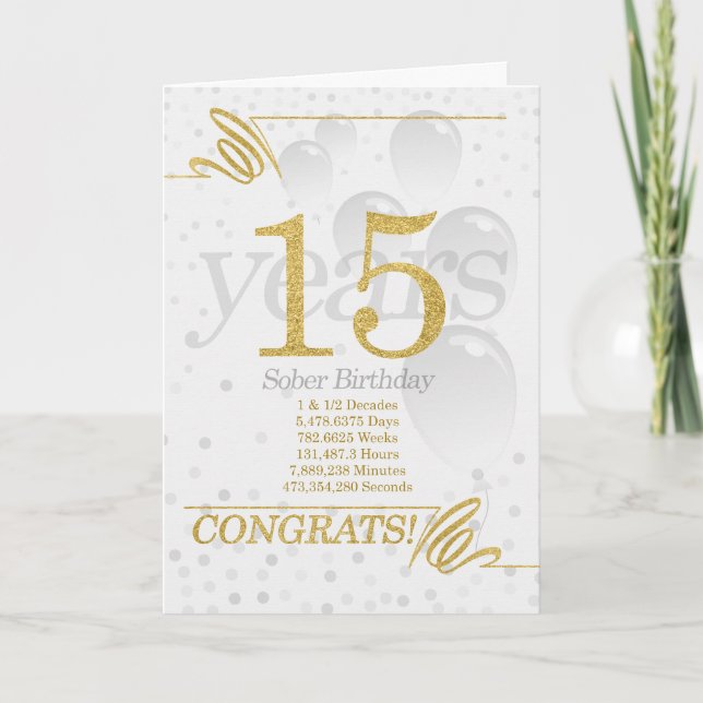 15 Years Sober Birthday Faux Gold Glitter Card (Front)