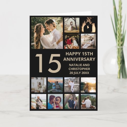 15th Anniversary 13 Photo Collage Black and Gold Card