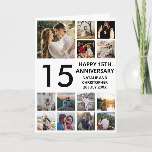 15th Anniversary 13 Photo Collage Black and White Card