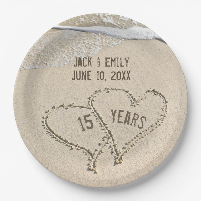 15th Anniversary Beach Hearts Paper Plate (Front)