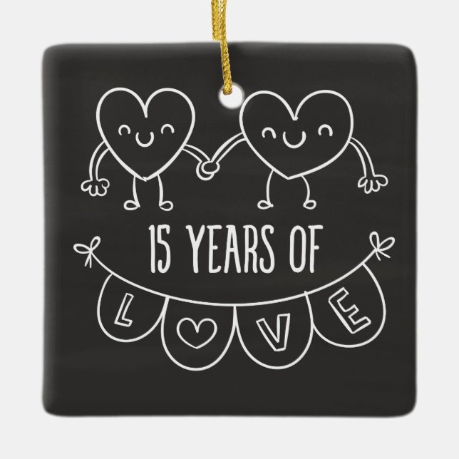 15th Anniversary Gift Chalk Hearts Ceramic Ornament (Front)