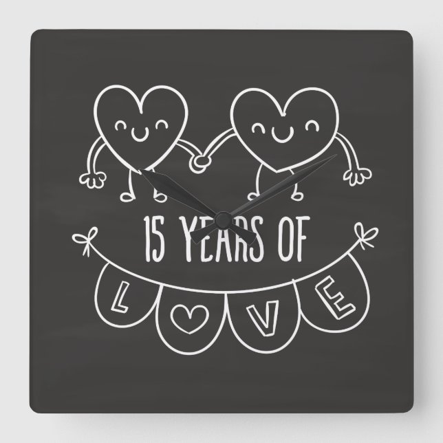 15th Anniversary Gift Chalk Hearts Square Wall Clock (Front)