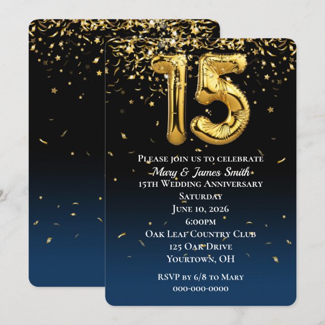 15th Anniversary Gold Balloons & Confetti Invitati Invitation (Front/Back)