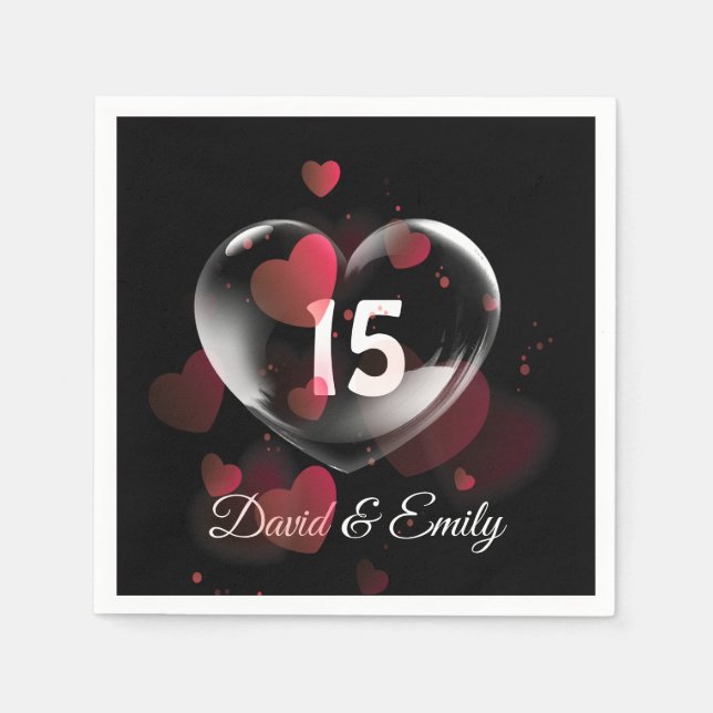 15th Anniversary Heart Bubble With Red Hearts   Napkins (Front)