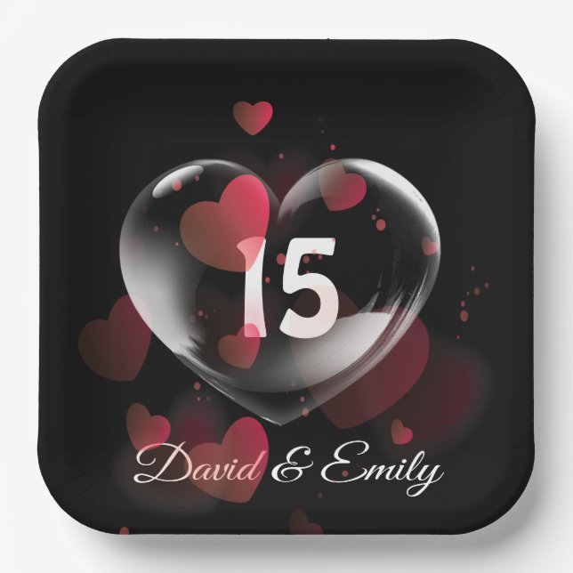 15th Anniversary Heart Bubble With Red Hearts  Paper Plates (Front)