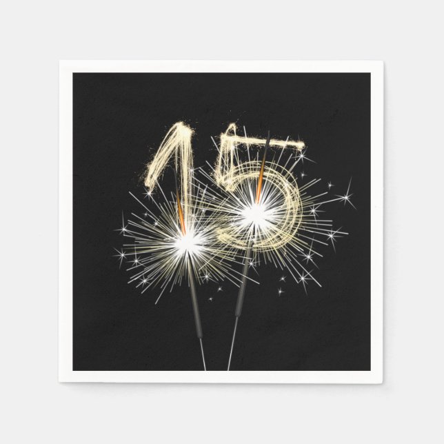 15th Anniversary Party Sparklers on Black  Napkins (Front)