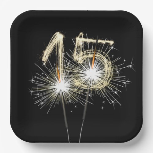 15th Anniversary Party Sparklers on Black  Paper Plates