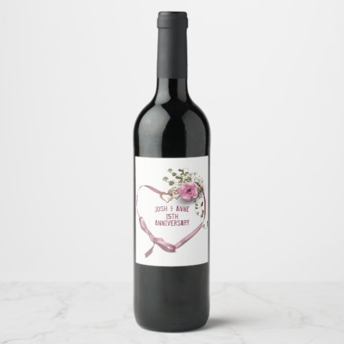 15th Anniversary Pink Heart Ribbon Wine Label