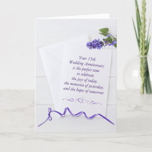 15th Anniversary Purple Flowers On White Wood Card
