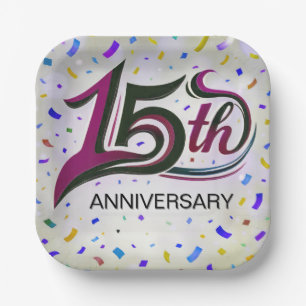 15th Anniversary Text With Party Confetti Paper Plates
