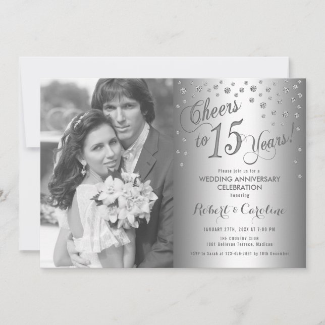 15th Anniversary with Photo - Diamond Silver Invitation (Front)