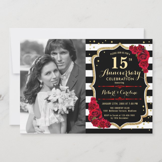 15th Anniversary with Photo - Gold Black Red Invitation (Front)