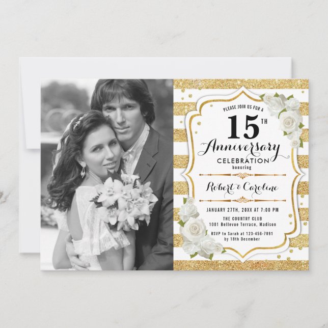 15th Anniversary with Photo - Gold White Invitation (Front)