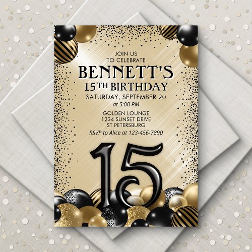 15th Balloons Black Gold Birthday Invitation