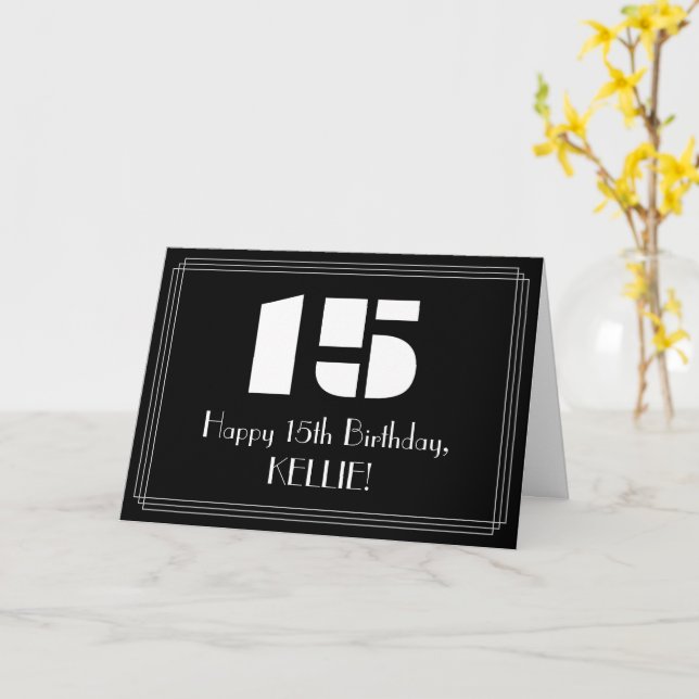 15th Birthday: Art Deco Inspired Look "15" & Name Card (Yellow Flower)