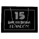 [ Thumbnail: 15th Birthday — Art Deco Inspired Look "15" & Name Gift Bag ]